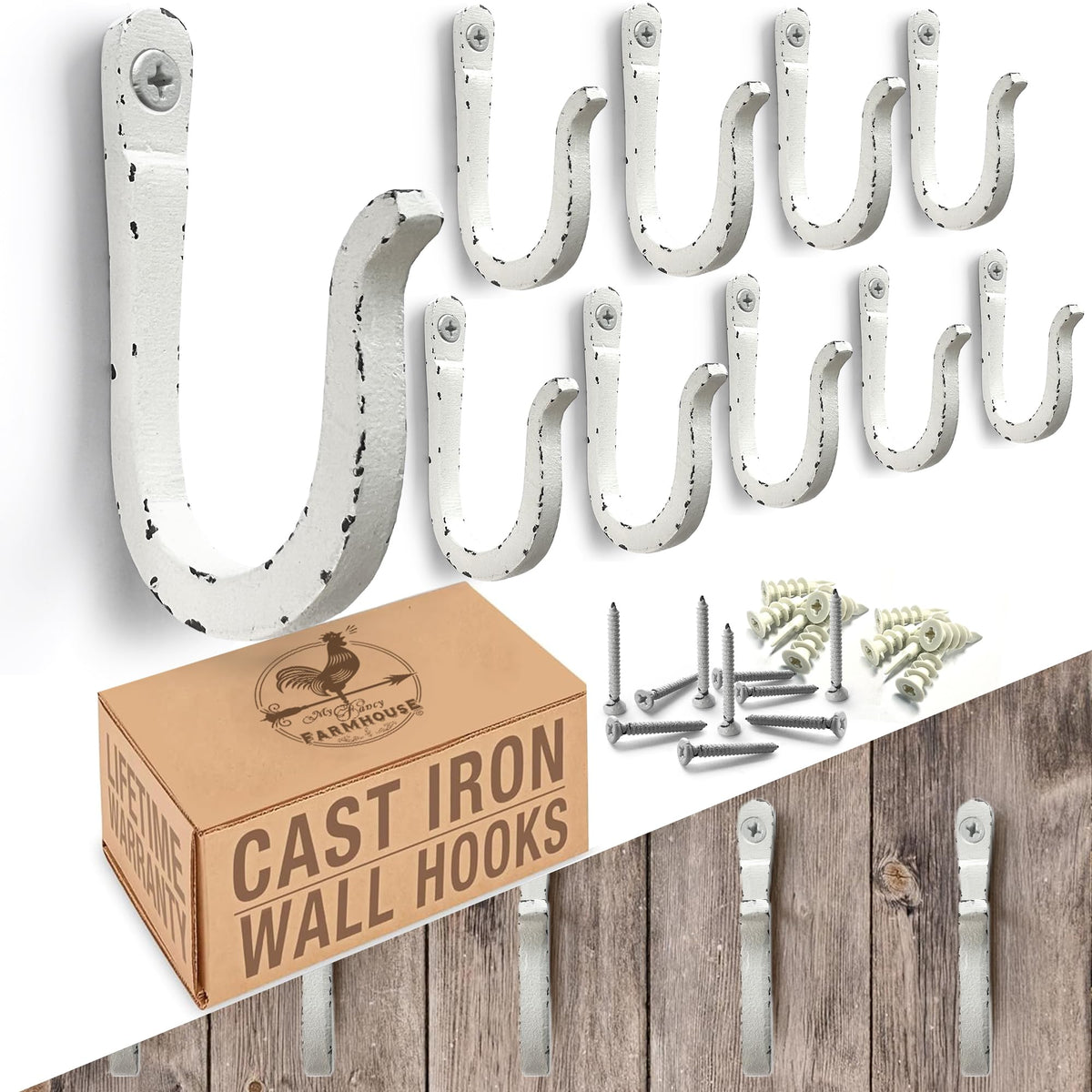 Railroad Spike Cast Iron Hooks (10 Pack) Handmade Blacksmith, Wall Mounted Farmhouse Decorative Hooks, PowderCoated for Interior or Exterior Use, Rust Proof for Hanging Coats, Bags or Pots (Black)