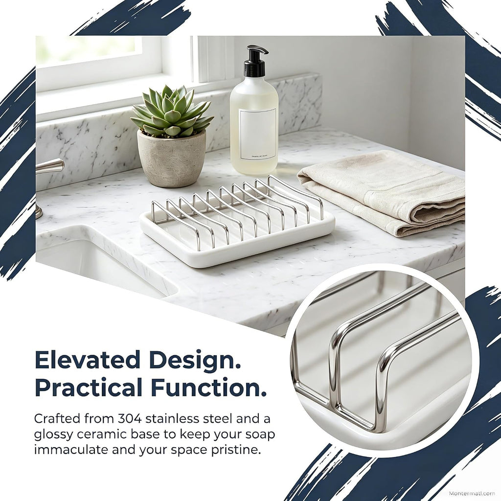Ceramic Soap Dish with Stainless Steel Drain Tray Self Draining Soap Holder Sponge Holder Soap Dishes for Shower, Bathroom, Kitchen Sink