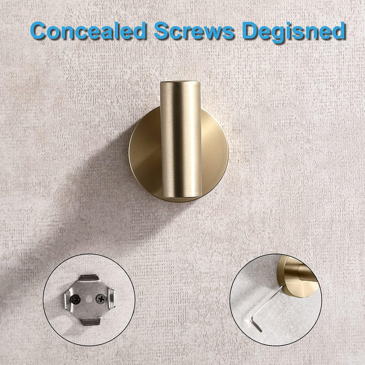 TASTOS Brushed Gold Bathroom Towel Coat Hook Stainless Steel, 2 Pack Robe Clothes Cabinet Closet Sponges Hooks Holder Round Style Heavy Duty Wall Hook for Bathroom Kitchen Hotel Wall Mounted