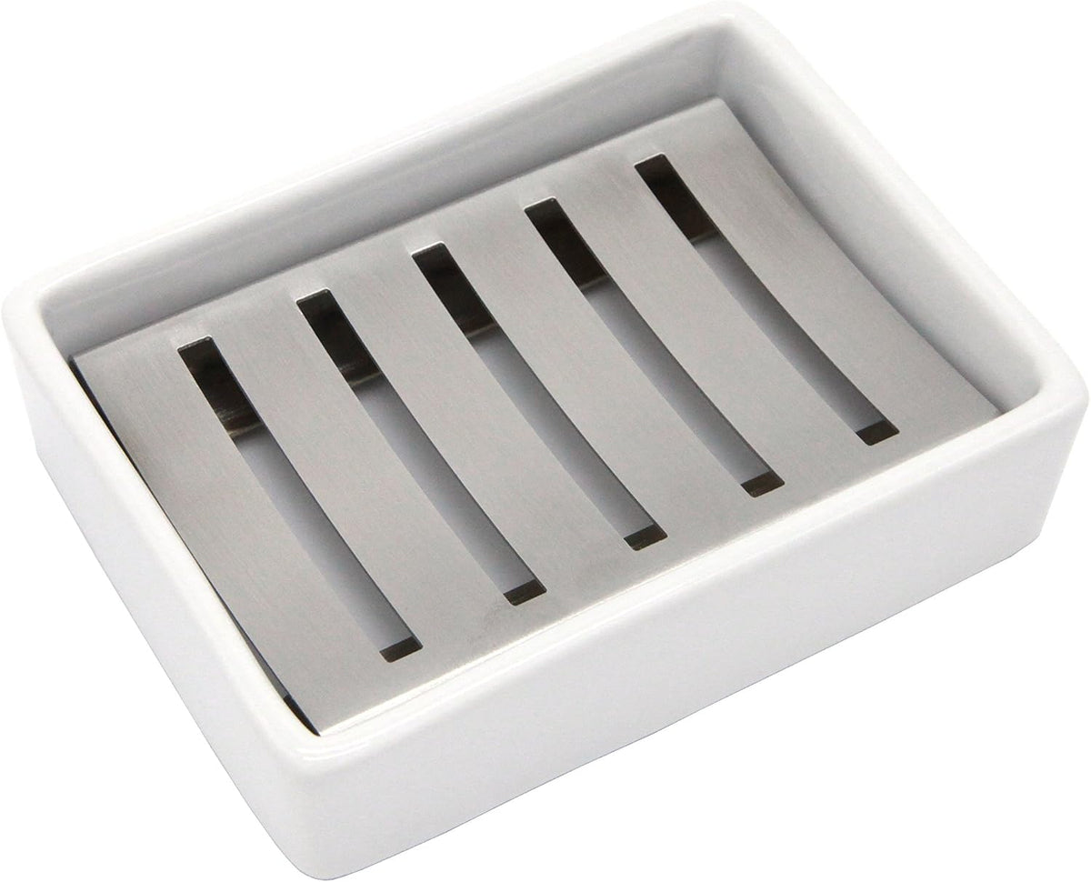 Ceramic Soap Dish Stainless Steel Soap Holder for Bathroom and Shower