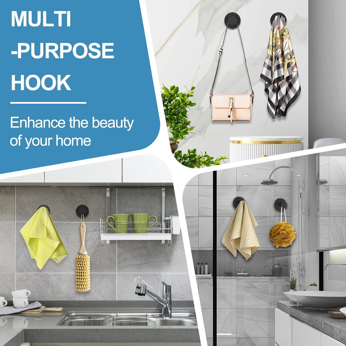 Vacuum Suction Cup Hooks for Shower, Shower Hooks for Inside Shower Glass Window, Mirror, No Drill Towel Hooks for Bathrooms, Bath Robe Coat Looafh Wreath Hook for Hanging - 2 Pack, Black