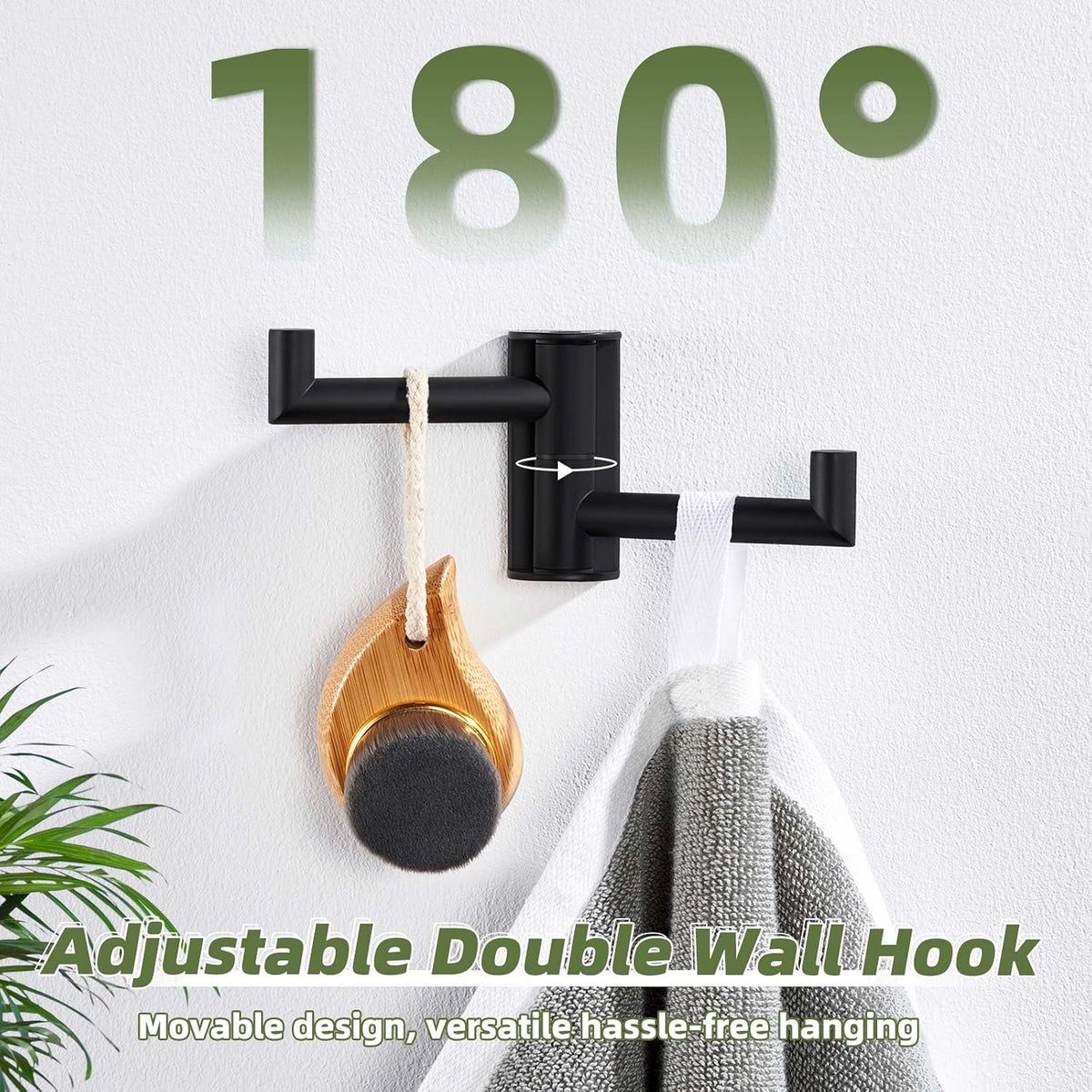 APLusee Swivel Towel Hook for Bathrooms with 2 Rotating Arms, Matte Black