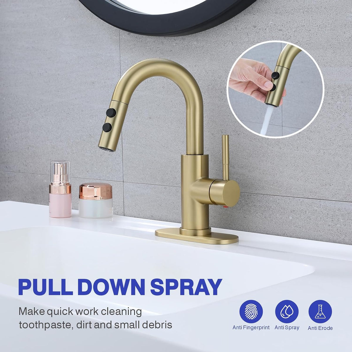 Bathroom Faucet with Sprayer, Brushed Gold Single Hole with Pop-Up Drain