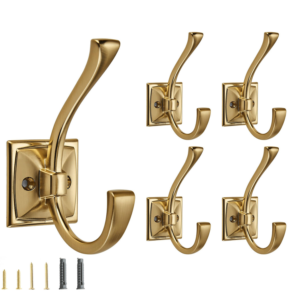 5 Pack Decorative Heavy Duty Towel Hooks for Hanging Robe Double Oil Rubbed Bronze Coat Hooks Wall Mounted with Screws for Key, Towel, Bags, Cup, Hat