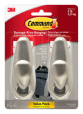 Command 5 lb Large Brushed Nickel Metal Hooks, 2 Coat Hooks and 4 Strips, Damage-Free Hanging with Adhesive, Great for Hanging Back to School Dorm Organizers