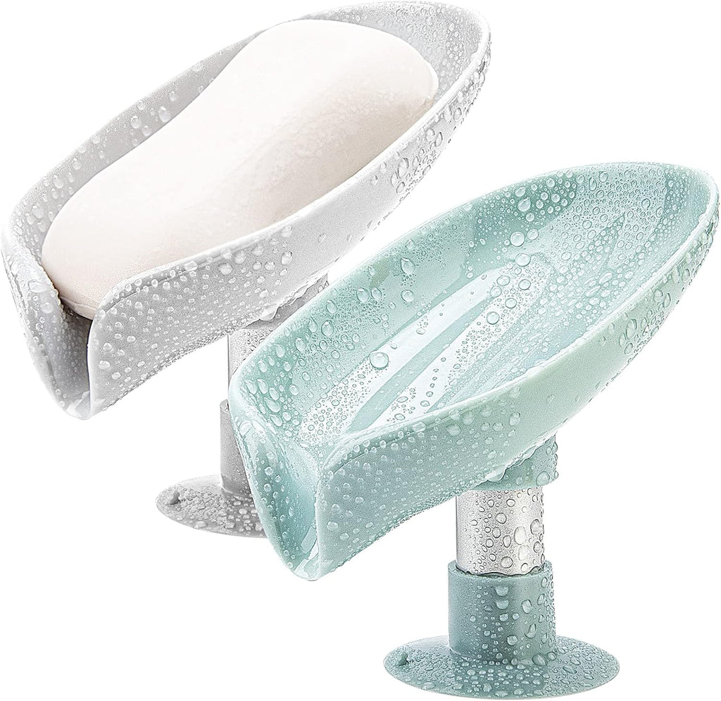 2 Pack Soap Holder Leaf-Shape Self Draining Soap Dish Holder, Not Punched Easy Clean Bar Soap Holder, with Suction Cup Soap Dish Suitable for Shower, Bathroom, Kitchen Sink (Grey + Green)