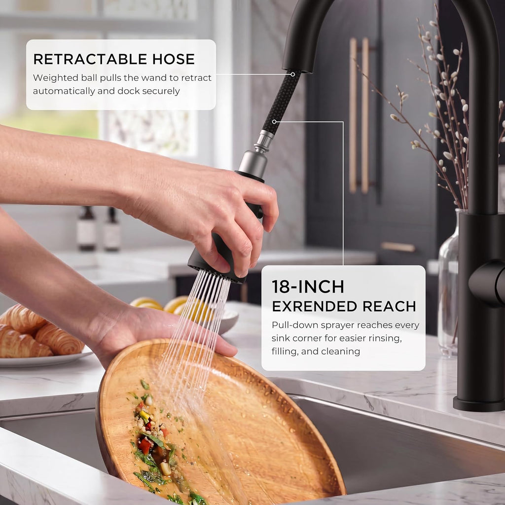 FORIOUS Black Kitchen Faucet with Pull Down Sprayer, High Arc Single Handle