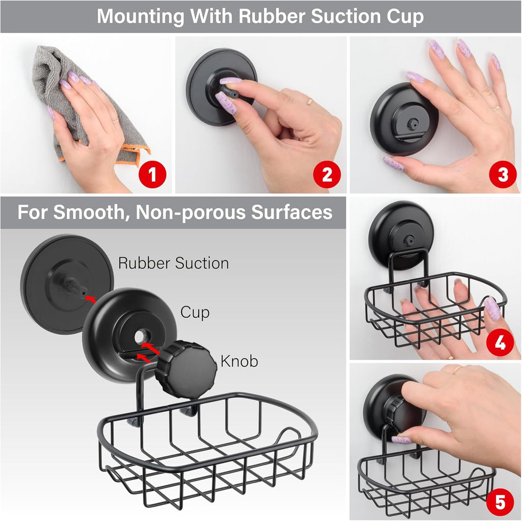 HASKO accessories Suction Soap Dish with Hooks - Super Powerful Vacuum Suction Cup Shower Soap Holder - Rustproof Stainless Steel SS304 Soap Basket - Sponge Holder for Bathroom & Kitchen (Black)