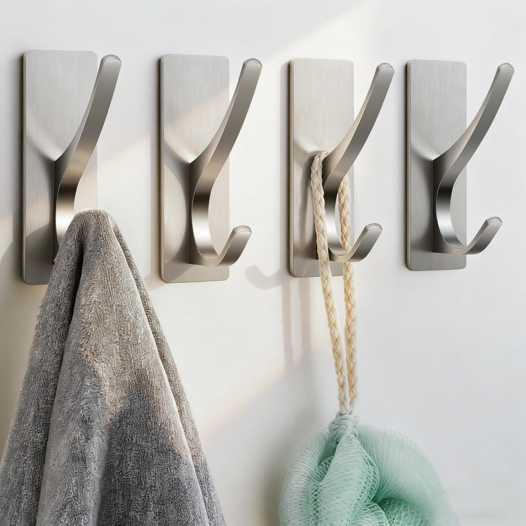 10 Pack Self Adhesive Towel Hooks: Extra Strong 13LB, Stainless Hook for Hanging Loofah, Towels, Coat, Bath Robe Bathroom Shower, Brushed Nickel