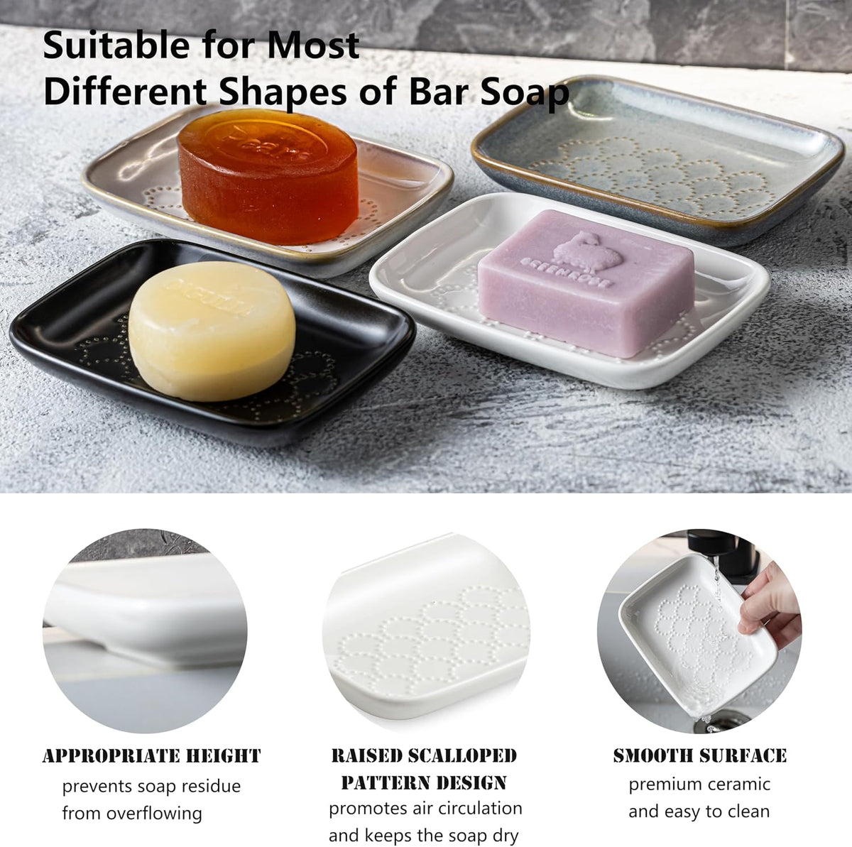 Gomakren Ceramic Soap Dish, Bar Soap Holder for Bathroom Kitchen Sink White