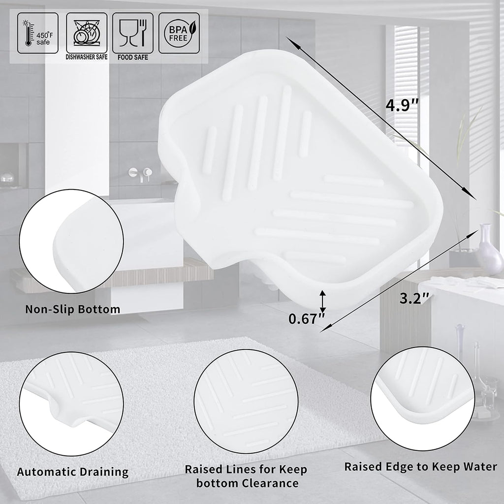 MicoYang Silicone Soap Dish with Drain Spout, Self-Draining Sink Organizer Tray for Bathroom and Kitchen, Sponges, Dispensers and Soap Holder, Non-Slip and Dishwasher Safe, White (Compact, 4.9"×3.2")