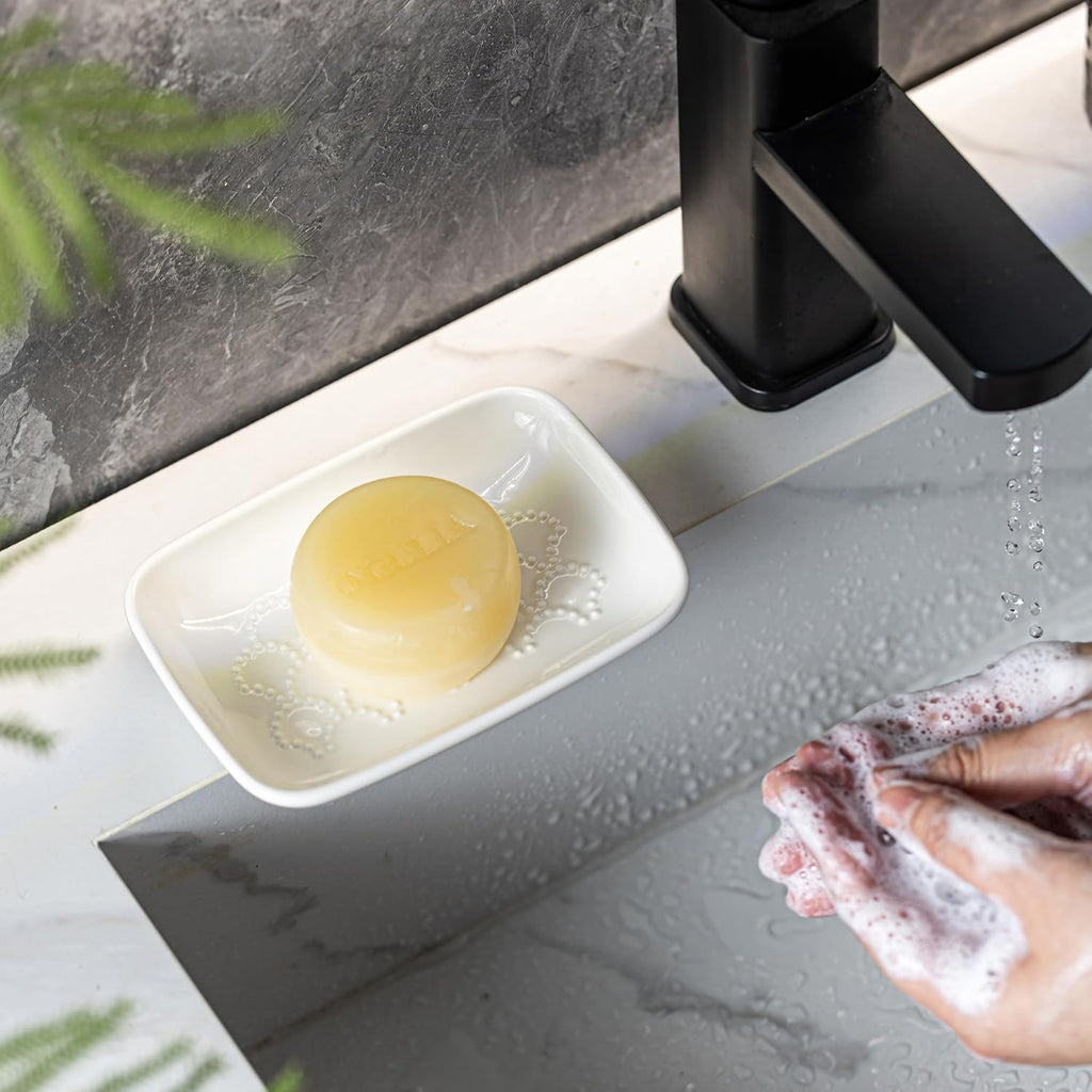 Gomakren Ceramic Soap Dish, Bar Soap Holder for Bathroom Kitchen Sink White