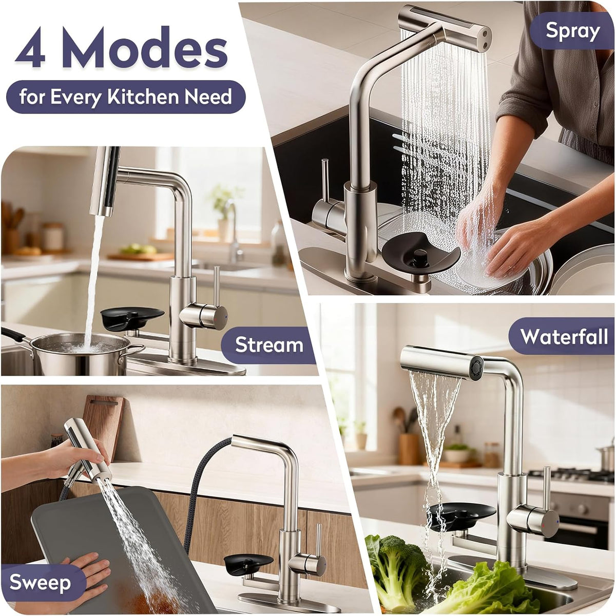 HOWUWEY Brushed Nickel Kitchen Faucet with Pull Down Sprayer & Cup Washer