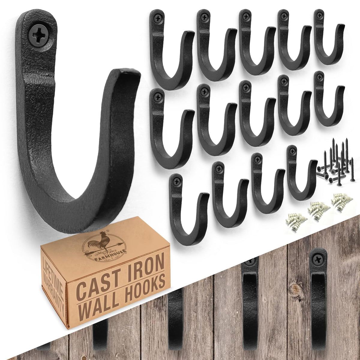 Railroad Spike Cast Iron Hooks (10 Pack) Handmade Blacksmith, Wall Mounted Farmhouse Decorative Hooks, PowderCoated for Interior or Exterior Use, Rust Proof for Hanging Coats, Bags or Pots (Black)