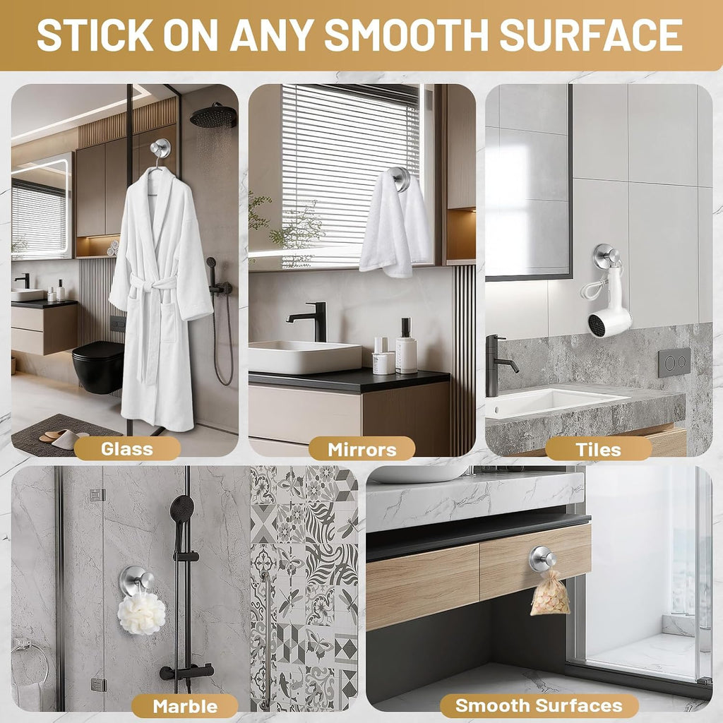 Large Suction Cup Hooks, Heavy Duty 15lb Holds Towel & Robe, No-Drill Shower Bathroom Hooks for Tile Wall Glass Mirror, Mounts on Smooth Non-Porous Surfaces (2 Pack, Brushed Nickel)