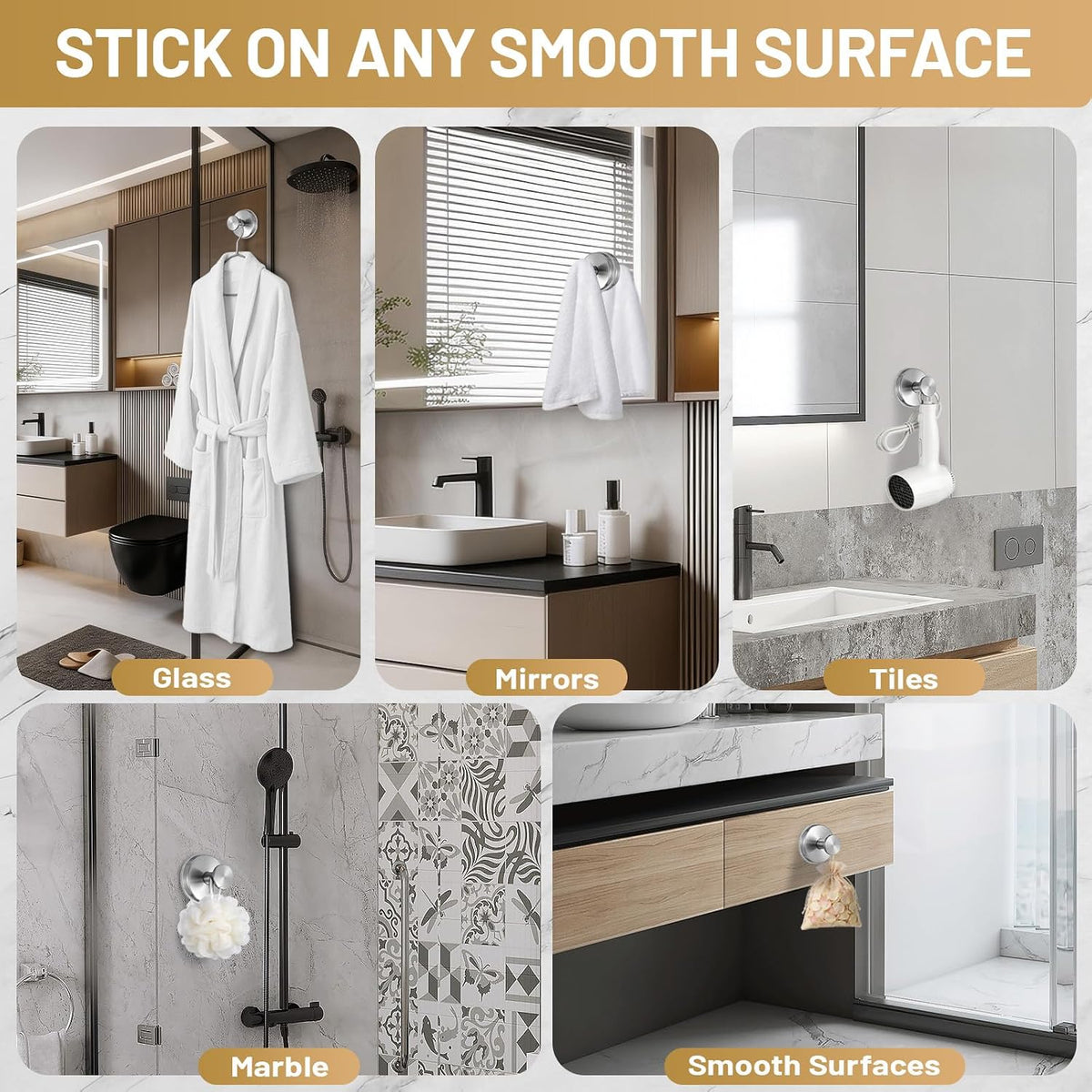 Large Suction Cup Hooks, Heavy Duty 15lb Holds Towel & Robe, No-Drill Shower Bathroom Hooks for Tile Wall Glass Mirror, Mounts on Smooth Non-Porous Surfaces (2 Pack, Brushed Nickel)