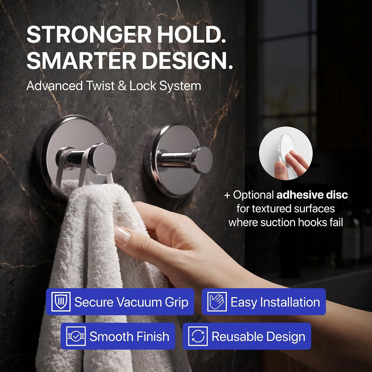 HOME SO Suction Cup Hooks for Shower & Bathroom Towel Holder 2-Pack Chrome