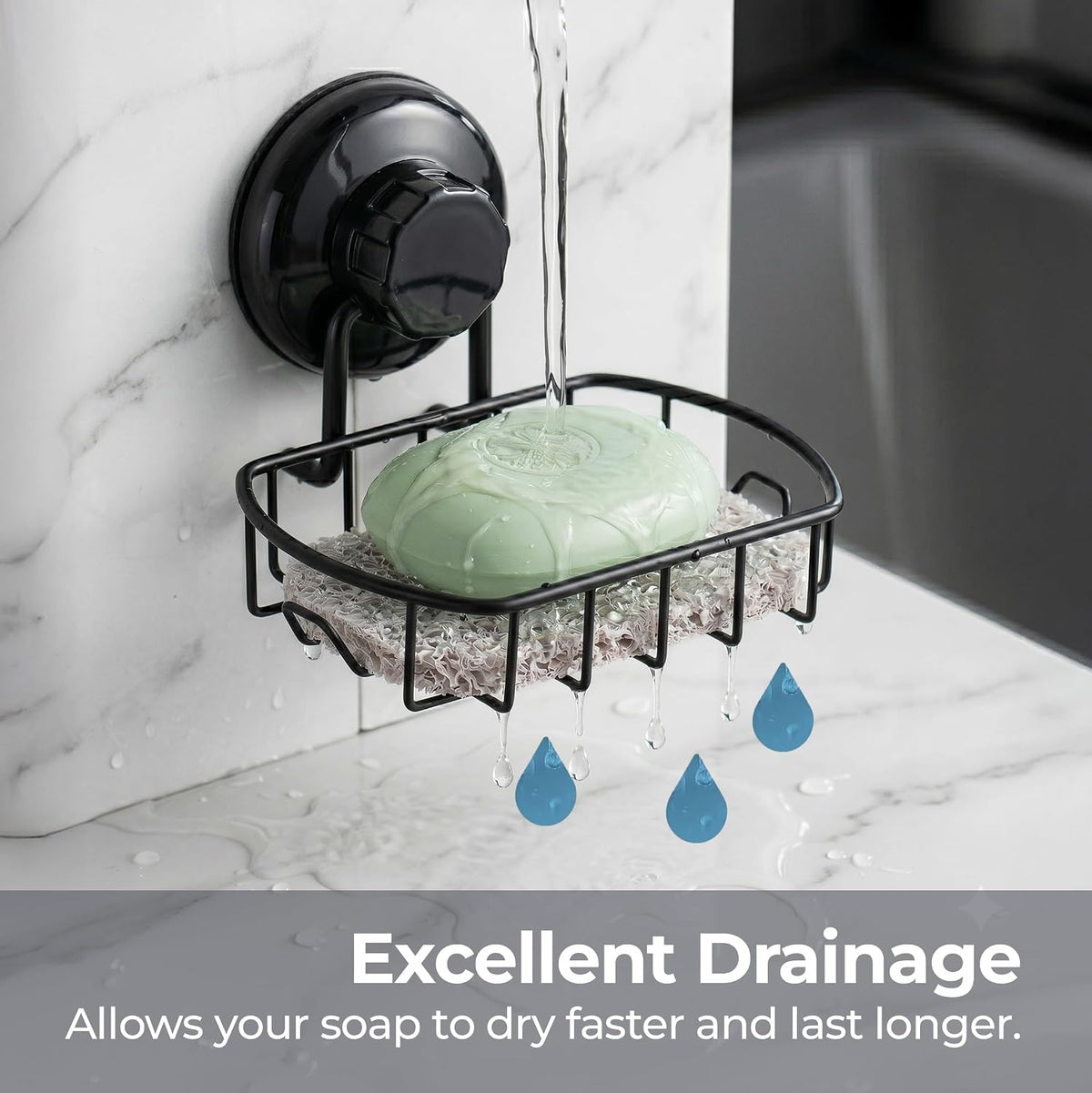 HASKO accessories Suction Soap Dish with Hooks - Super Powerful Vacuum Suction Cup Shower Soap Holder - Rustproof Stainless Steel SS304 Soap Basket - Sponge Holder for Bathroom & Kitchen (Black)