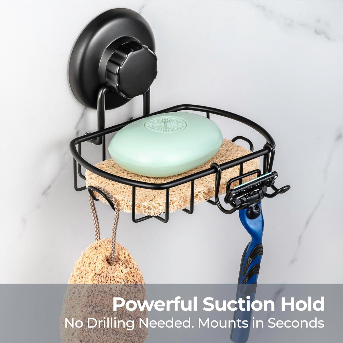 HASKO accessories Suction Soap Dish with Hooks - Super Powerful Vacuum Suction Cup Shower Soap Holder - Rustproof Stainless Steel SS304 Soap Basket - Sponge Holder for Bathroom & Kitchen (Black)