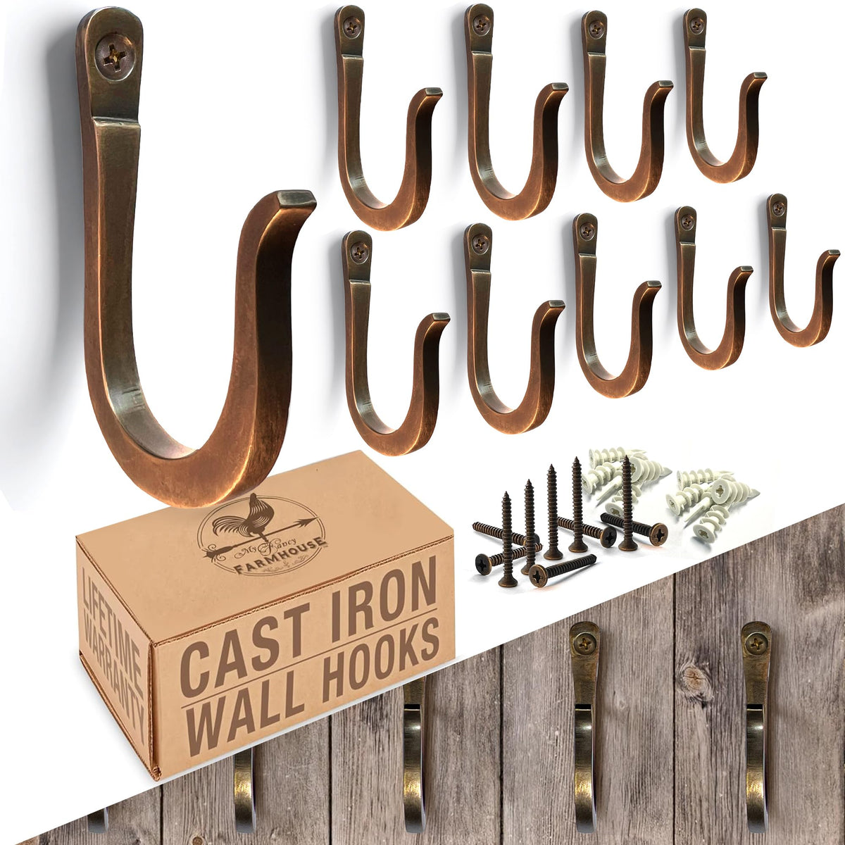 Railroad Spike Cast Iron Hooks (10 Pack) Handmade Blacksmith, Wall Mounted Farmhouse Decorative Hooks, PowderCoated for Interior or Exterior Use, Rust Proof for Hanging Coats, Bags or Pots (Black)