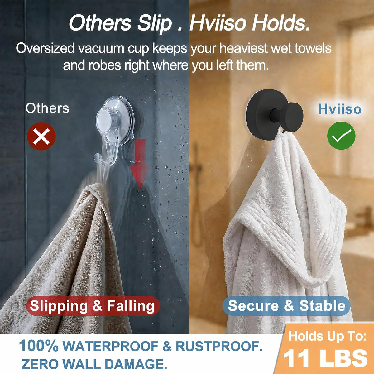 Vacuum Suction Cup Hooks for Shower, Shower Hooks for Inside Shower Glass Window, Mirror, No Drill Towel Hooks for Bathrooms, Bath Robe Coat Looafh Wreath Hook for Hanging - 2 Pack, Black