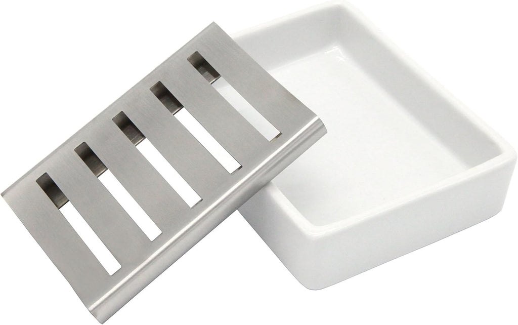Ceramic Soap Dish Stainless Steel Soap Holder for Bathroom and Shower
