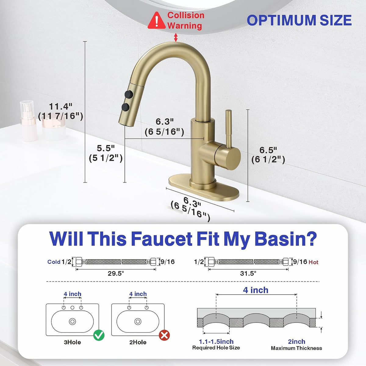 Bathroom Faucet with Sprayer, Brushed Gold Single Hole with Pop-Up Drain