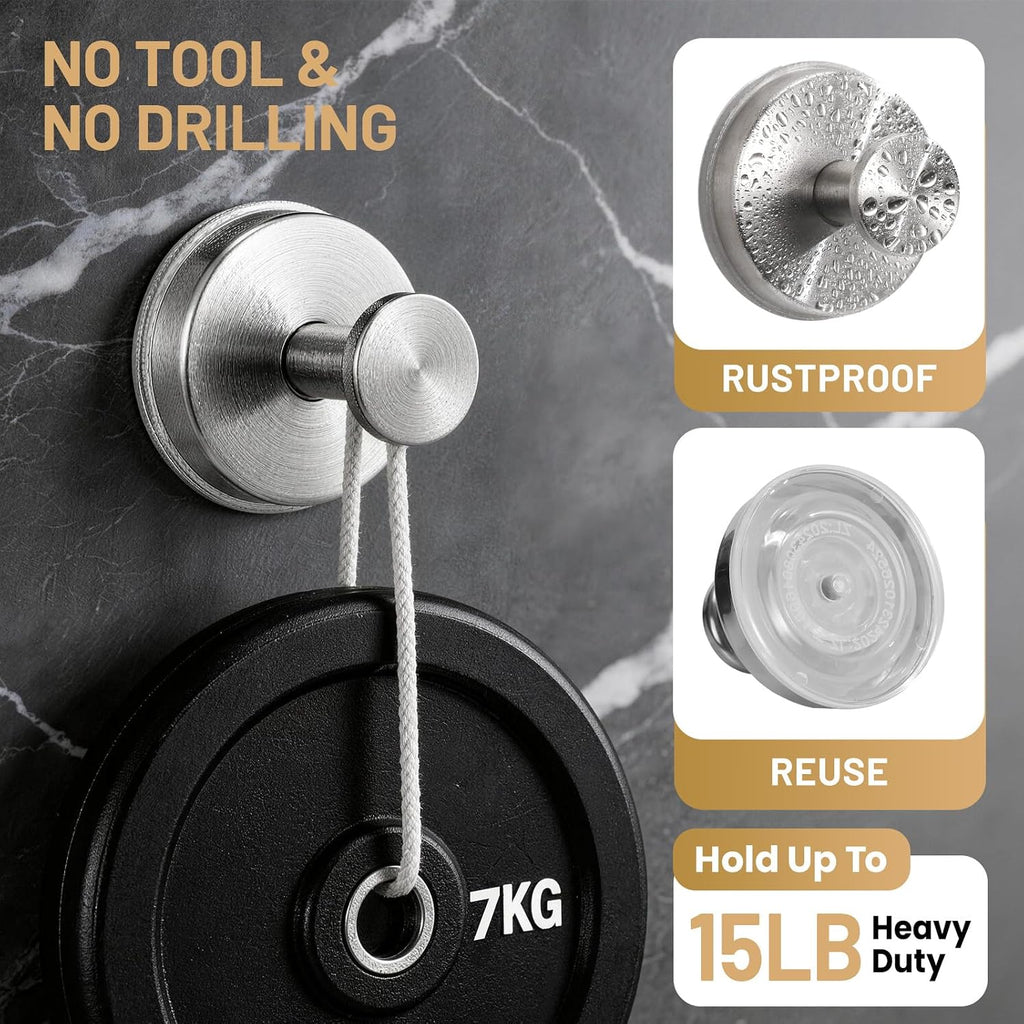 Large Suction Cup Hooks, Heavy Duty 15lb Holds Towel & Robe, No-Drill Shower Bathroom Hooks for Tile Wall Glass Mirror, Mounts on Smooth Non-Porous Surfaces (2 Pack, Brushed Nickel)