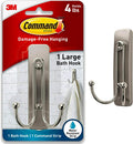 Command Large Satin Nickel Bath Double Hooks, 1 Hook, 1 Strip