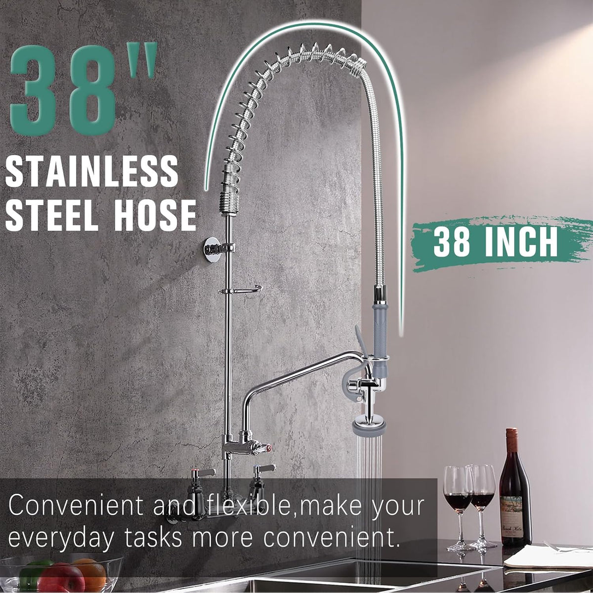 Pre Rinse Spray Valve with 38" Flexible Pre Rinse Hose,Non-Slip Commercial Sink Sprayer with Flexible Stainless Steel Hose, Replacement for Commercial Kitchen Sink Faucet,Grey