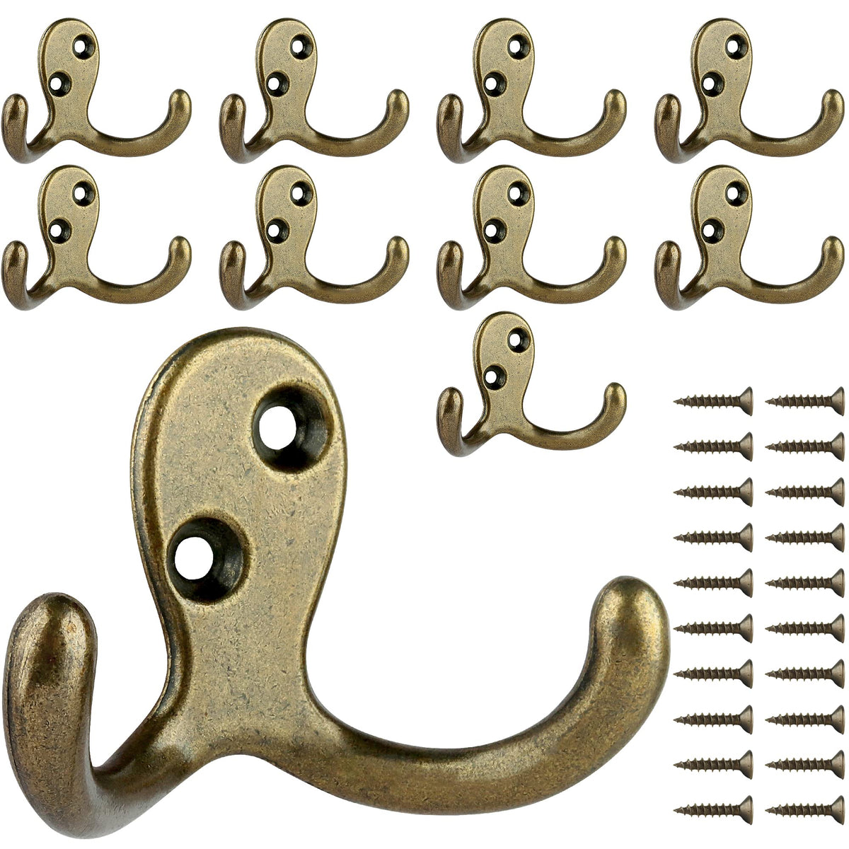 IBosins 10 Pack Silvery Double Prong Coat Hooks Wall Mounted with 20 Screws