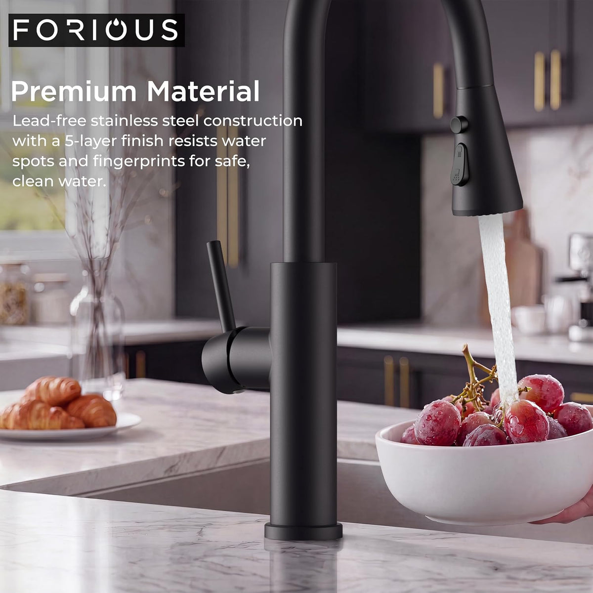 FORIOUS Black Kitchen Faucet with Pull Down Sprayer, High Arc Single Handle
