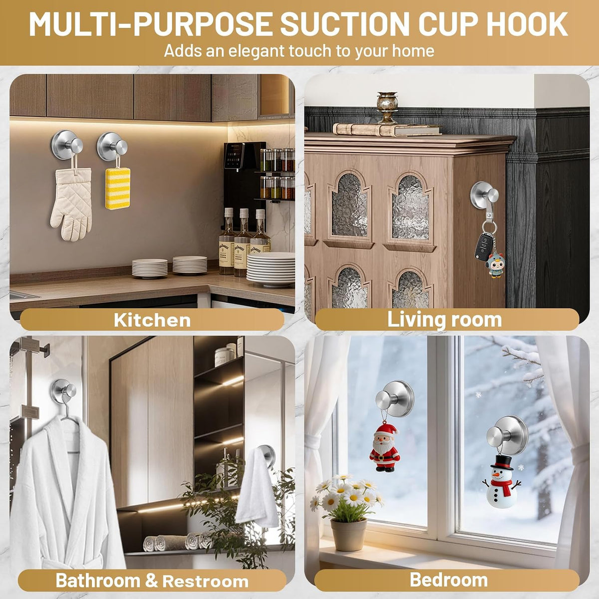 Large Suction Cup Hooks, Heavy Duty 15lb Holds Towel & Robe, No-Drill Shower Bathroom Hooks for Tile Wall Glass Mirror, Mounts on Smooth Non-Porous Surfaces (2 Pack, Brushed Nickel)