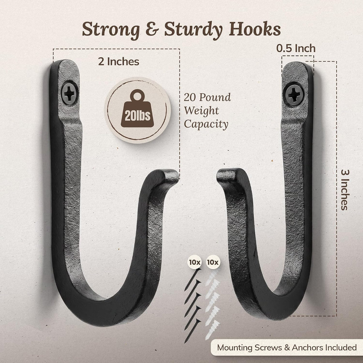 Railroad Spike Cast Iron Hooks (10 Pack) Handmade Blacksmith, Wall Mounted Farmhouse Decorative Hooks, PowderCoated for Interior or Exterior Use, Rust Proof for Hanging Coats, Bags or Pots (Black)