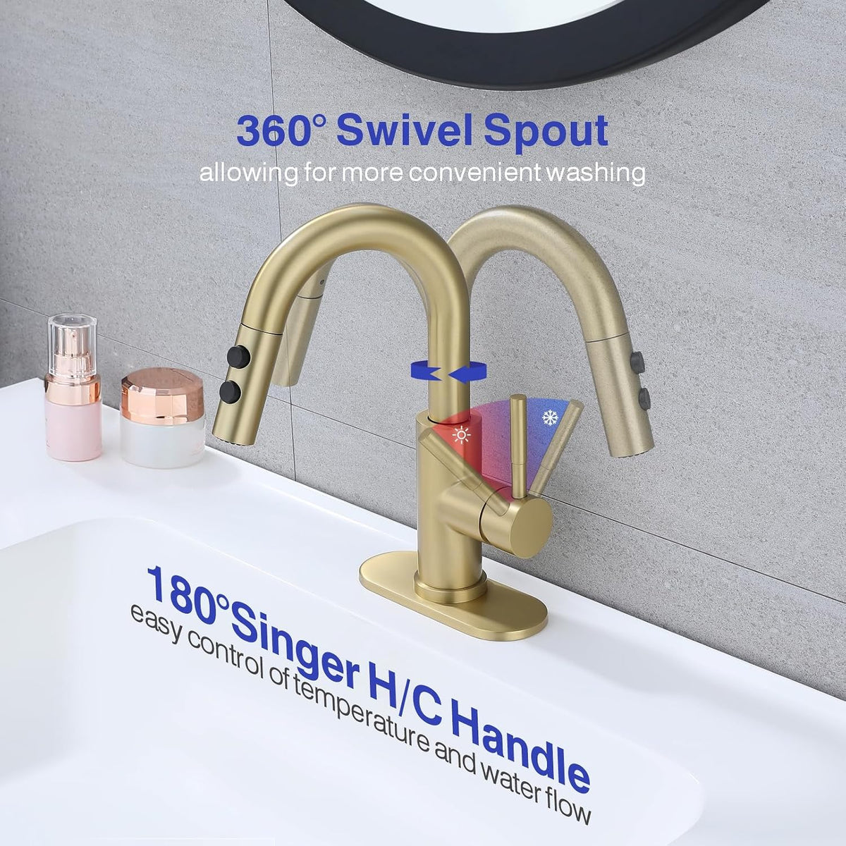 Bathroom Faucet with Sprayer, Brushed Gold Single Hole with Pop-Up Drain