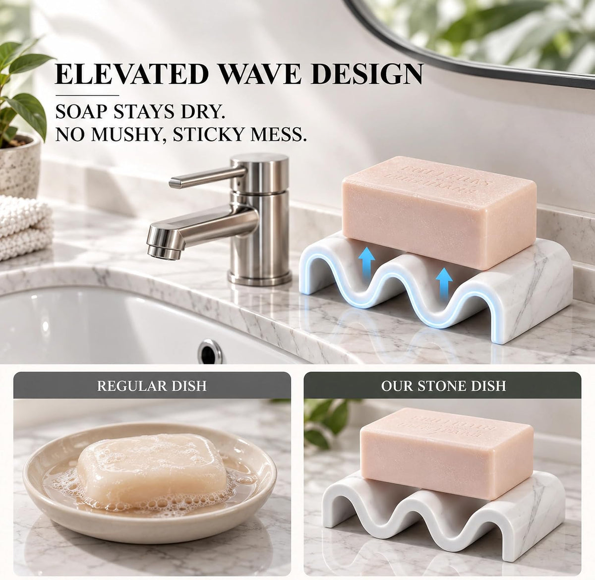 Diatomite Soap Dish Bar Soap Holder Quick Drying Sponge Tray, Marble White