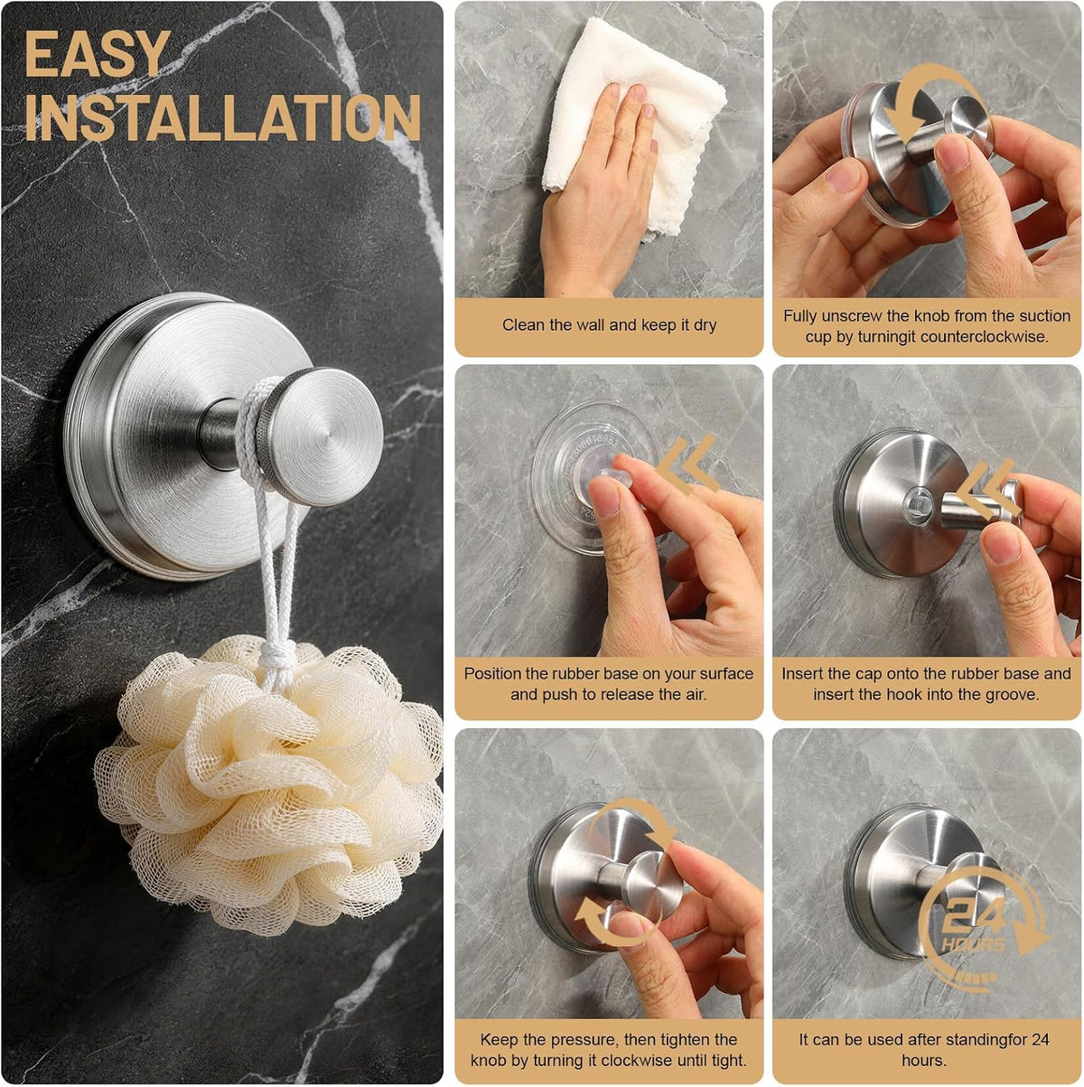 Large Suction Cup Hooks, Heavy Duty 15lb Holds Towel & Robe, No-Drill Shower Bathroom Hooks for Tile Wall Glass Mirror, Mounts on Smooth Non-Porous Surfaces (2 Pack, Brushed Nickel)