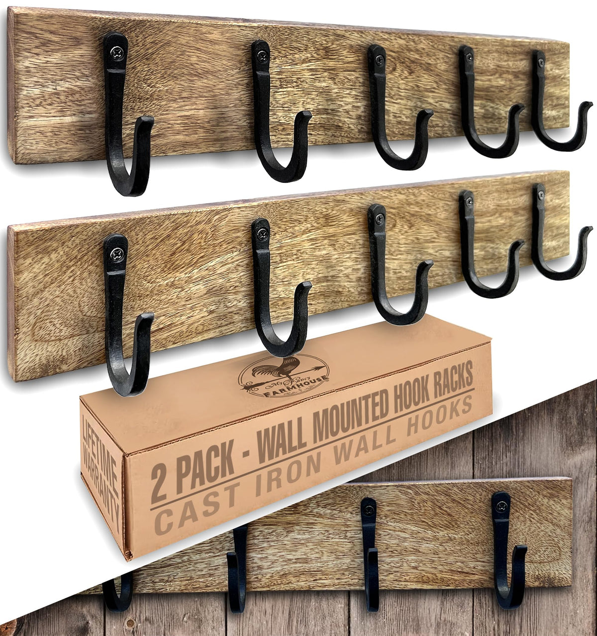 Railroad Spike Cast Iron Hooks (10 Pack) Handmade Blacksmith, Wall Mounted Farmhouse Decorative Hooks, PowderCoated for Interior or Exterior Use, Rust Proof for Hanging Coats, Bags or Pots (Black)